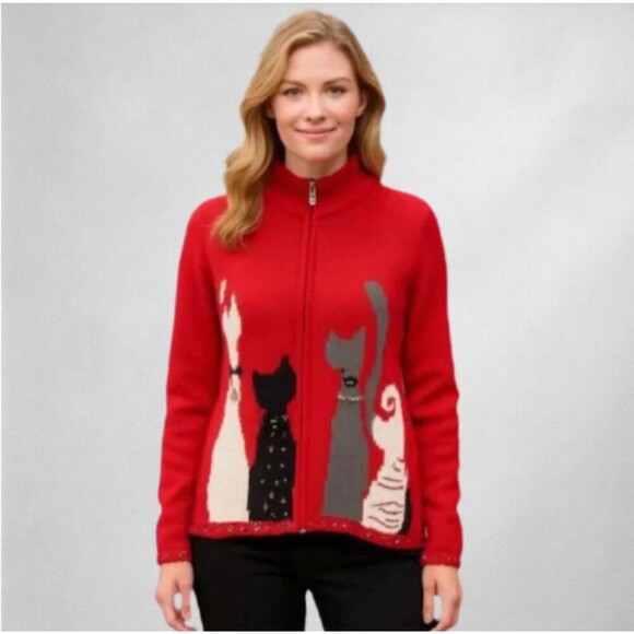 Coldwater Creek Sweaters - Coldwater Creek Cardigan Sweater Womens Size XL Red Embellished Cat Full Zip